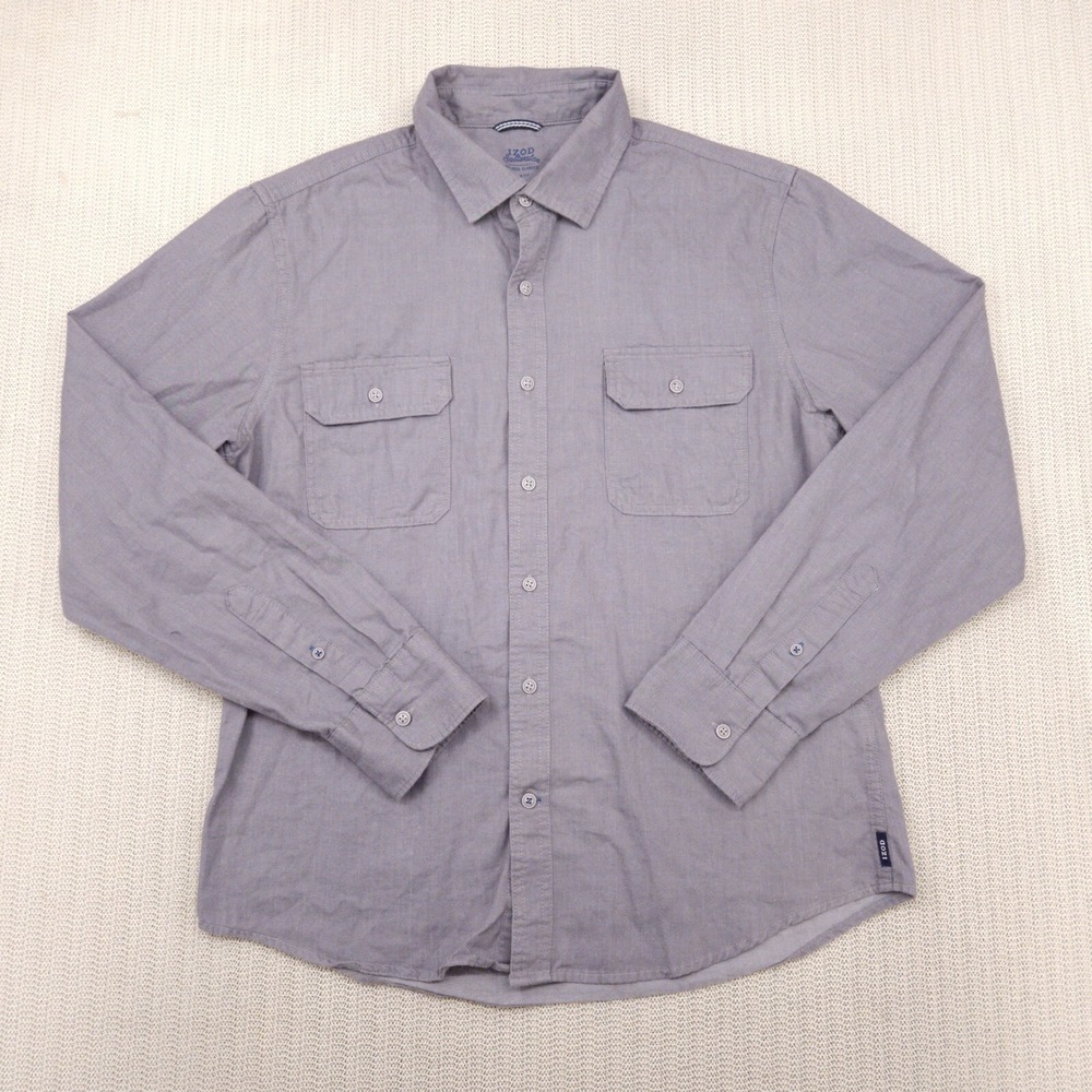 IZOD Saltwater Shirt Mens Large Gray Button Up Down Long Sleeve Chest Pockets